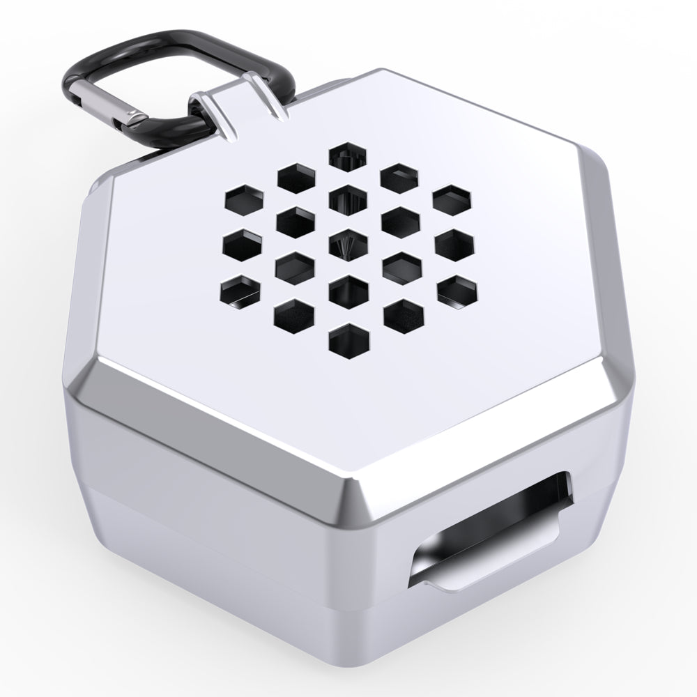 Shock Doctor Showtime Limited Edition Mouthguard Case in chrome silver, back view showing hexagonal ventilation holes