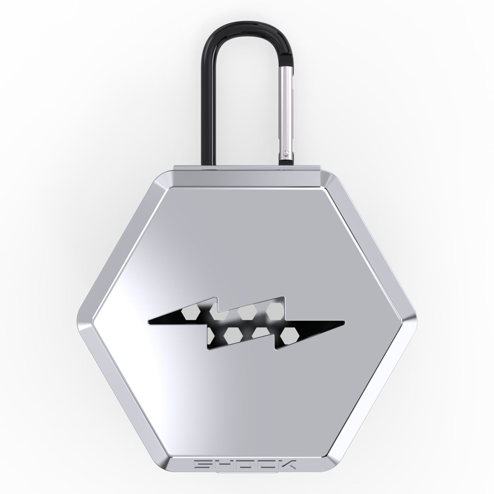 Shock Doctor Showtime Limited Edition Mouthguard Case in chrome silver, front view with carabiner clip and lightning-bolt logo