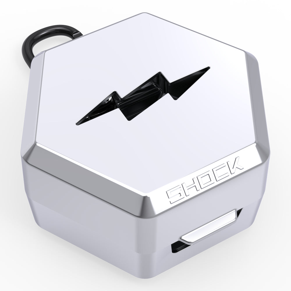 Shock Doctor Showtime Limited Edition Mouthguard Case in chrome silver, hexagonal ventilated case with carabiner clip, angled view