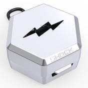 Shock Doctor Showtime Limited Edition Mouthguard Case in chrome silver, hexagonal ventilated case with carabiner clip, angled view