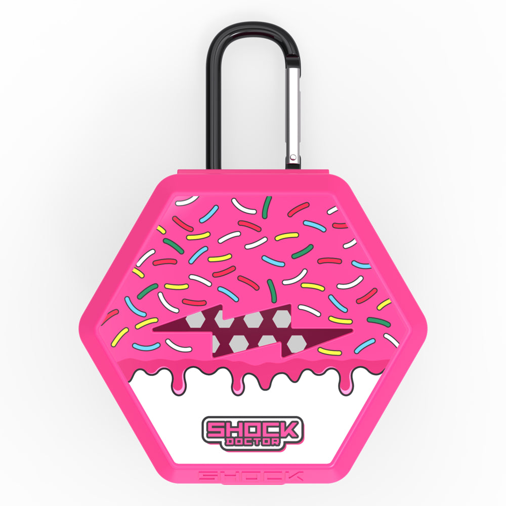 Shock Doctor Showtime Limited Edition Mouthguard Case in white with pink sprinkle drip pattern, front view with carabiner clip and lightning-bolt logo