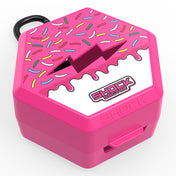 Shock Doctor Showtime Limited Edition Mouthguard Case in white with pink sprinkle drip pattern, hexagonal ventilated case with carabiner clip, angled view