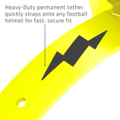 Heavy-duty permanent tether on the Shock Yellow Shock Doctor Thunder Bolt Lip Guard that straps onto a football helmet