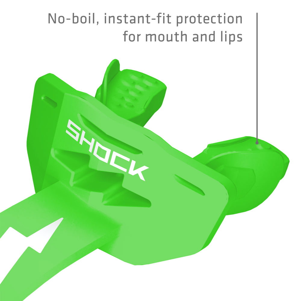 Shock Green Shock Doctor Thunder Bolt Lip Guard showing no-boil, instant-fit protection for the mouth and lips