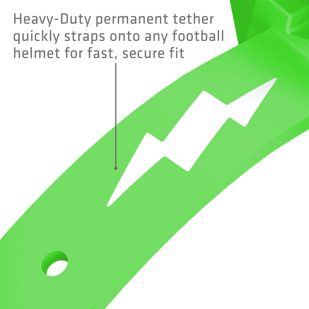 Heavy-duty permanent tether on the Shock Green Shock Doctor Thunder Bolt Lip Guard that straps onto a football helmet