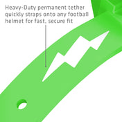 Heavy-duty permanent tether on the Shock Green Shock Doctor Thunder Bolt Lip Guard that straps onto a football helmet