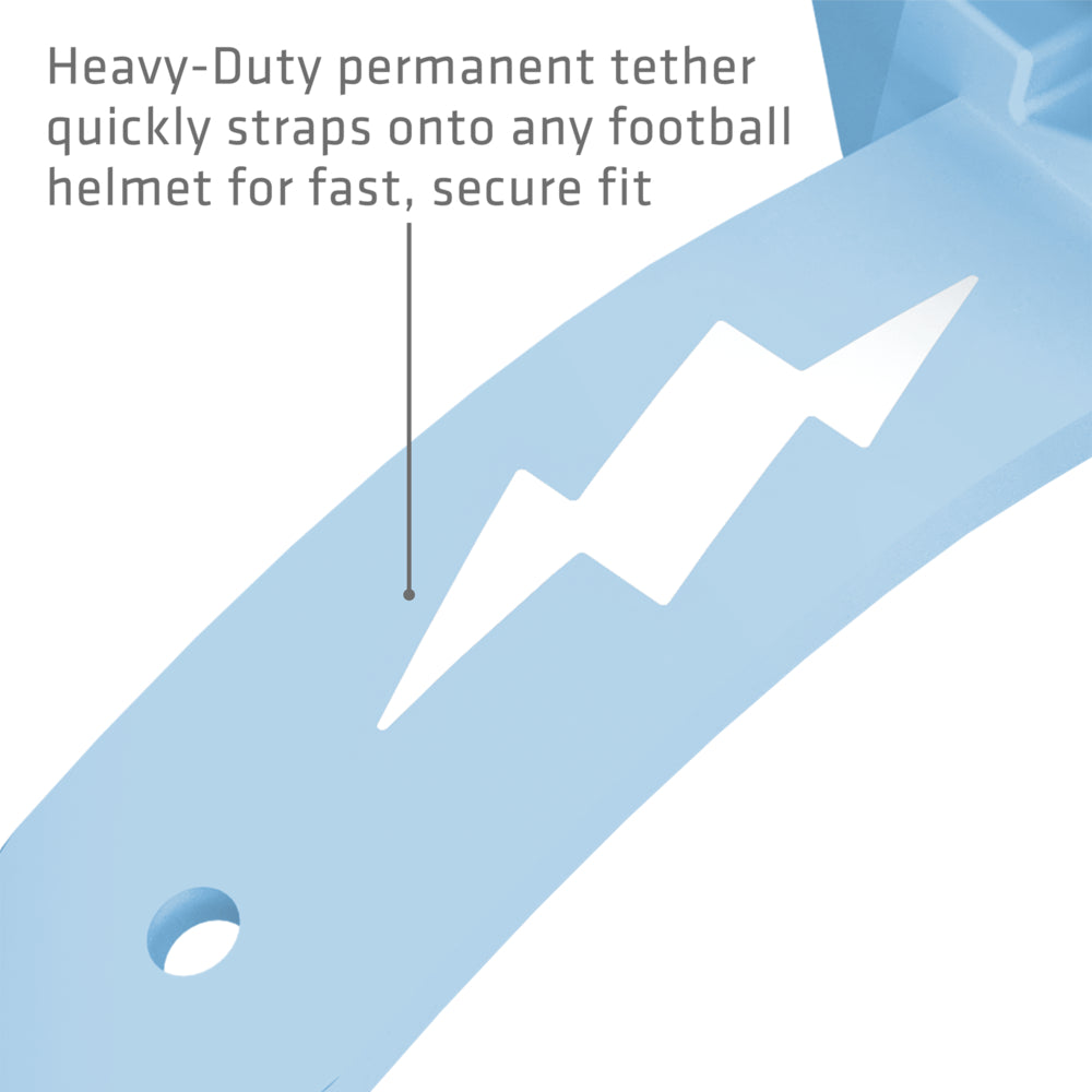 Heavy-duty permanent tether on the Columbia Blue Shock Doctor Thunder Bolt Lip Guard that straps onto a football helmet