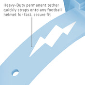 Heavy-duty permanent tether on the Columbia Blue Shock Doctor Thunder Bolt Lip Guard that straps onto a football helmet