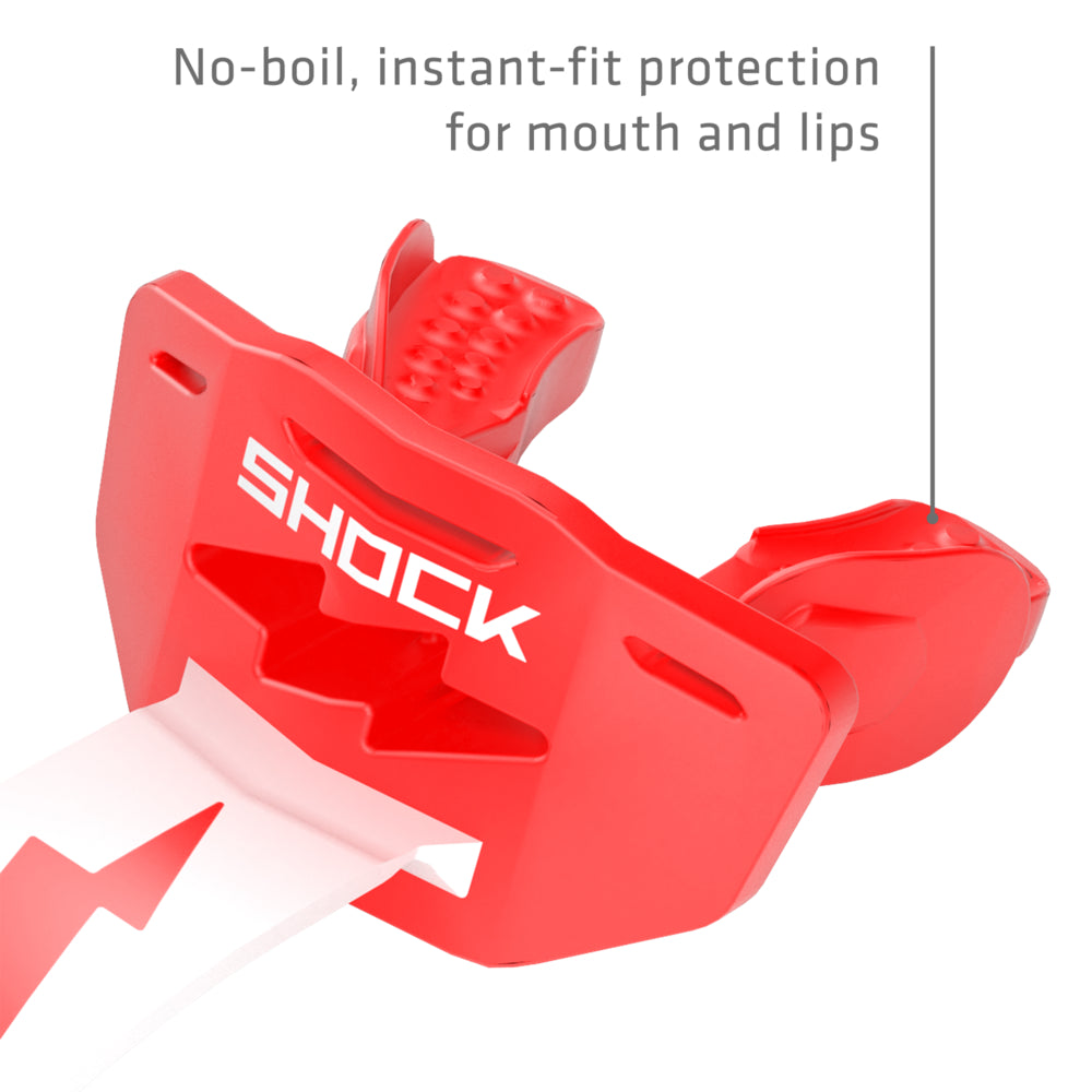 Red and white Shock Doctor Thunder Bolt Lip Guard showing no-boil, instant-fit protection for the mouth and lips