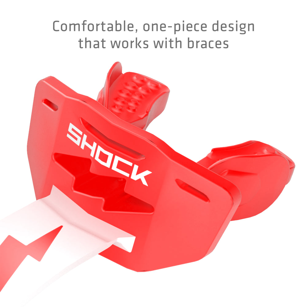 Red and white Shock Doctor Thunder Bolt Lip Guard with a comfortable one-piece design that works with braces