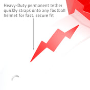 Heavy-duty permanent tether on the red and white Shock Doctor Thunder Bolt Lip Guard that straps onto a football helmet