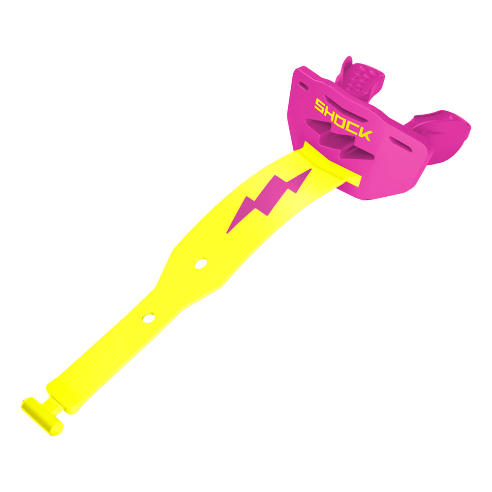 Shock Doctor Thunder Bolt Lip Guard in shock pink and shock yellow, instant-fit football lip guard, front view