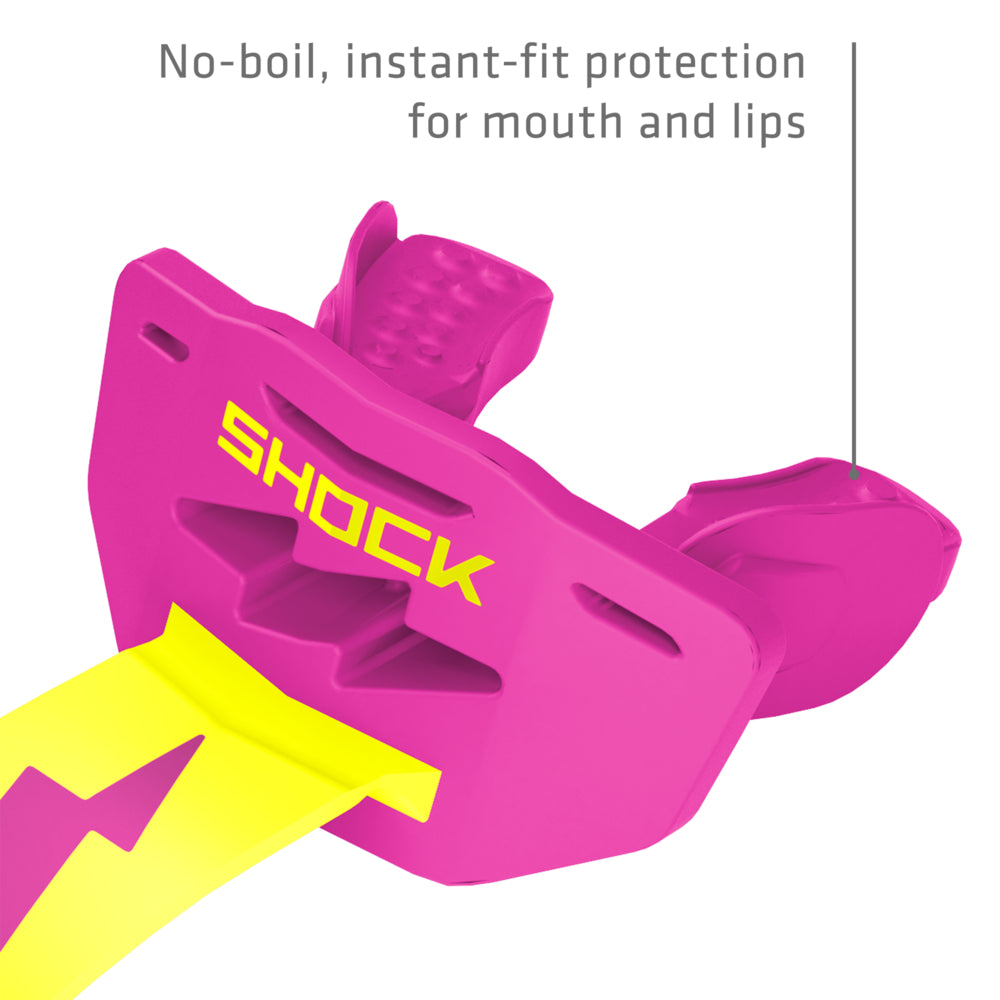 Shock pink and shock yellow Shock Doctor Thunder Bolt Lip Guard showing no-boil, instant-fit protection for the mouth and lips
