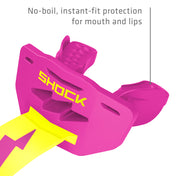 Shock pink and shock yellow Shock Doctor Thunder Bolt Lip Guard showing no-boil, instant-fit protection for the mouth and lips