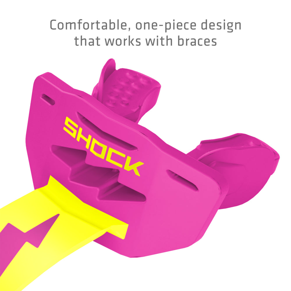Shock pink and shock yellow Shock Doctor Thunder Bolt Lip Guard with a comfortable one-piece design that works with braces