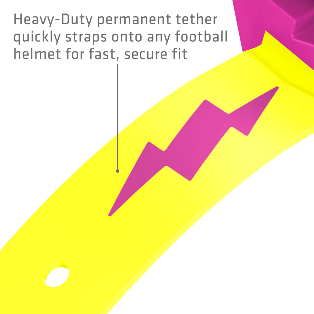 Heavy-duty permanent tether on the shock pink and shock yellow Shock Doctor Thunder Bolt Lip Guard that straps onto a football helmet