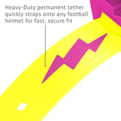Heavy-duty permanent tether on the shock pink and shock yellow Shock Doctor Thunder Bolt Lip Guard that straps onto a football helmet