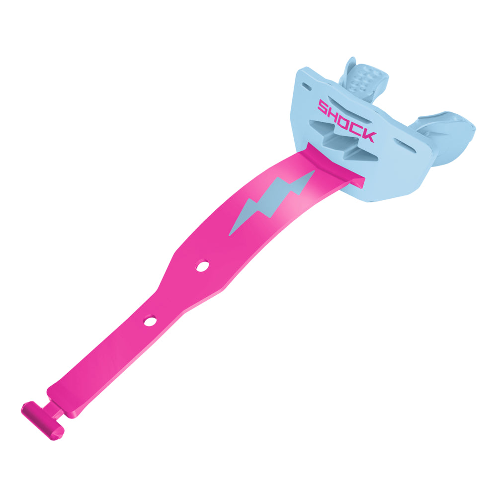 Shock Doctor Thunder Bolt Lip Guard in Columbia blue and shock pink, instant-fit football lip guard, front view