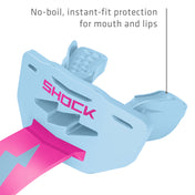 Columbia blue and shock pink Shock Doctor Thunder Bolt Lip Guard showing no-boil, instant-fit protection for the mouth and lips