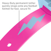 Heavy-duty permanent tether on the Columbia blue and shock pink Shock Doctor Thunder Bolt Lip Guard that straps onto a football helmet