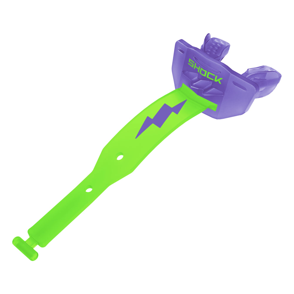 Shock Doctor Thunder Bolt Lip Guard in translucent purple and shock green, instant-fit football lip guard, front view