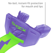 Translucent purple and shock green Shock Doctor Thunder Bolt Lip Guard showing no-boil, instant-fit protection for the mouth and lips