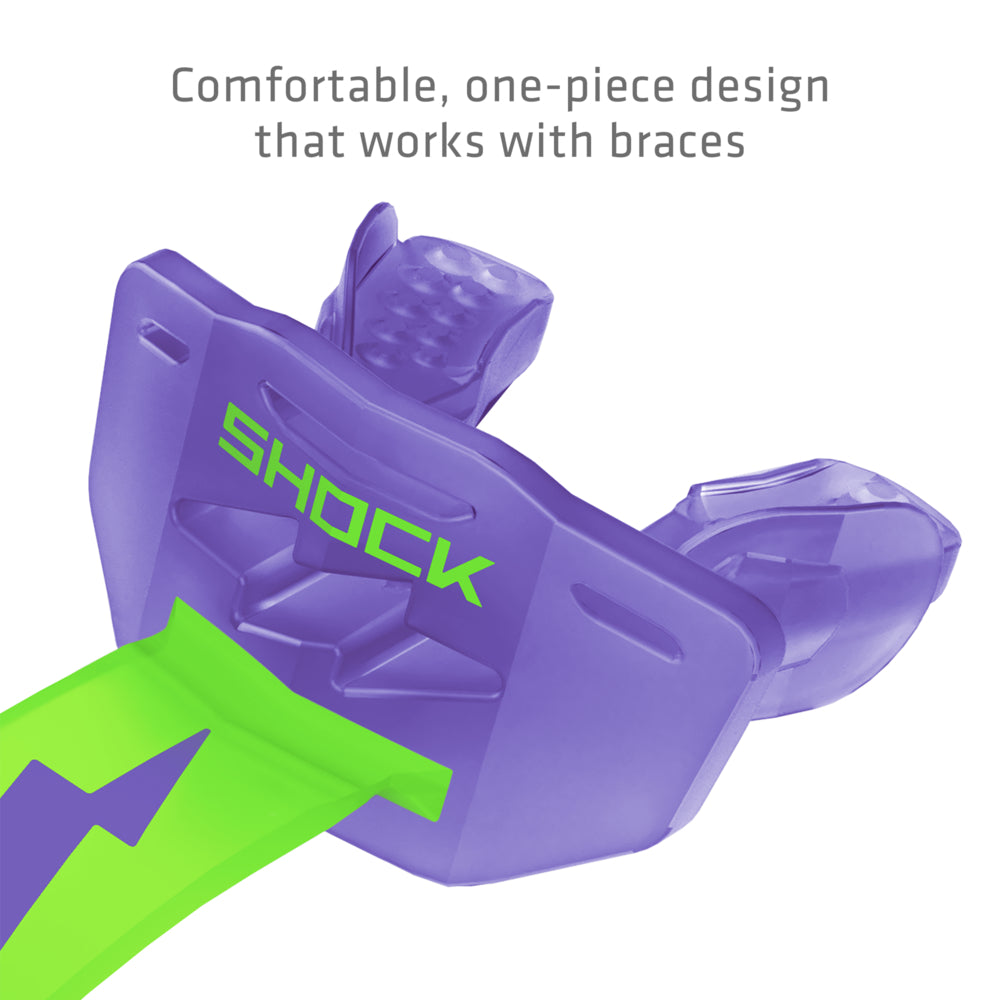 Translucent purple and shock green Shock Doctor Thunder Bolt Lip Guard with a comfortable one-piece design that works with braces
