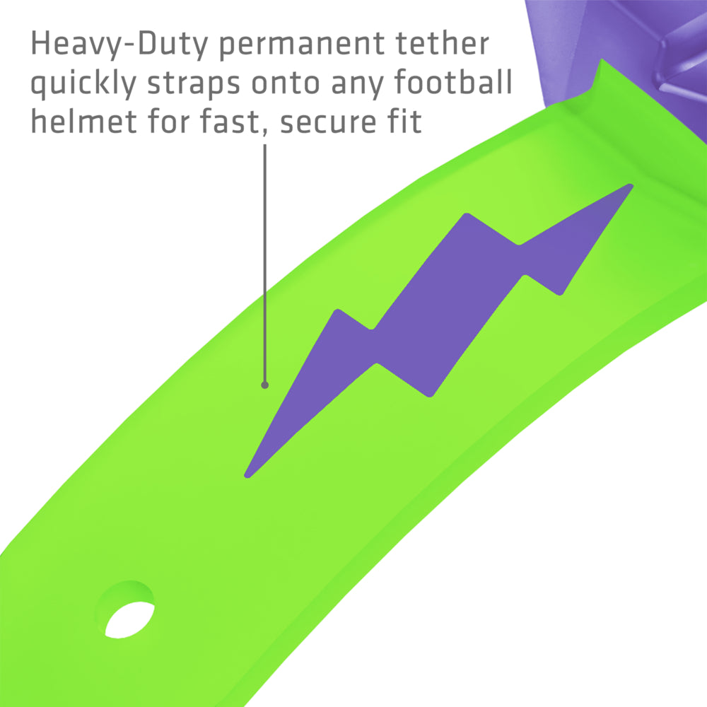 Heavy-duty permanent tether on the translucent purple and shock green Shock Doctor Thunder Bolt Lip Guard that straps onto a football helmet