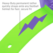 Heavy-duty permanent tether on the translucent purple and shock green Shock Doctor Thunder Bolt Lip Guard that straps onto a football helmet