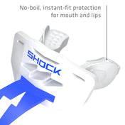 White and royal blue Shock Doctor Thunder Bolt Lip Guard showing no-boil, instant-fit protection for the mouth and lips