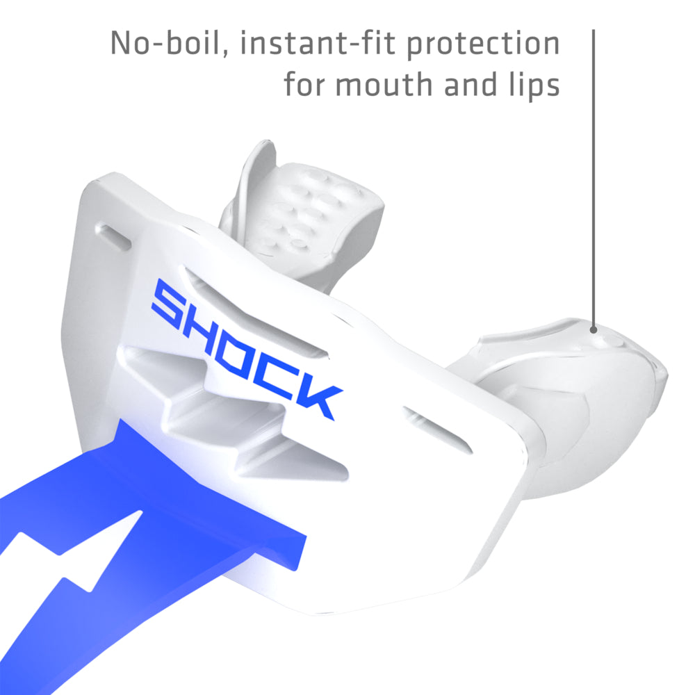 White and royal blue Shock Doctor Thunder Bolt Lip Guard showing no-boil, instant-fit protection for the mouth and lips