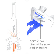 Diagram of the high-flow breathing channel on the white and royal blue Shock Doctor Thunder Bolt Lip Guard