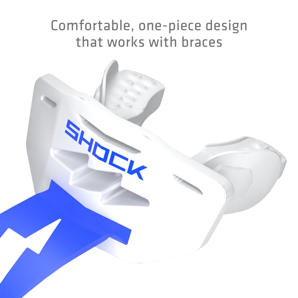 White and royal blue Shock Doctor Thunder Bolt Lip Guard with a comfortable one-piece design that works with braces