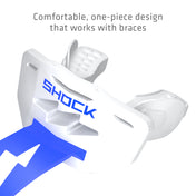 White and royal blue Shock Doctor Thunder Bolt Lip Guard with a comfortable one-piece design that works with braces