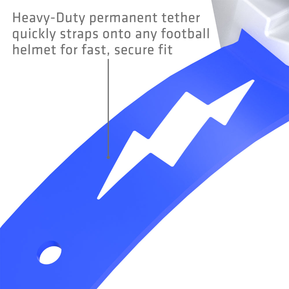 Heavy-duty permanent tether on the white and royal blue Shock Doctor Thunder Bolt Lip Guard that straps onto a football helmet
