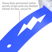 Heavy-duty permanent tether on the white and royal blue Shock Doctor Thunder Bolt Lip Guard that straps onto a football helmet