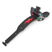 Shock Doctor Divine Drip Thunder Bolt Lip Guard, full view of black mouth and lip guard with multicolor cross print and red lightning bolt on the helmet strap