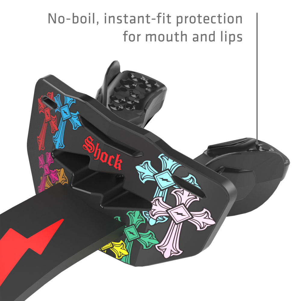 Divine Drip Thunder Bolt Lip Guard with multicolor cross print, highlighting no-boil instant-fit protection for the mouth and lips