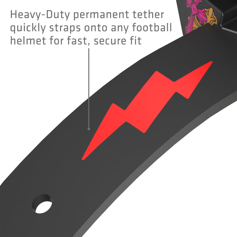 Close-up of the Divine Drip Thunder Bolt Lip Guard's heavy-duty permanent tether and red lightning bolt graphic, showing the strap that attaches to any football helmet