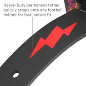 Close-up of the Divine Drip Thunder Bolt Lip Guard's heavy-duty permanent tether and red lightning bolt graphic, showing the strap that attaches to any football helmet