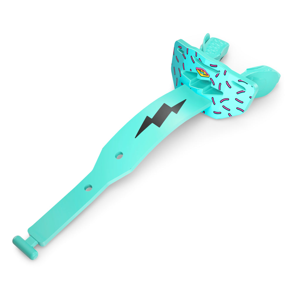 Pink Sprinkle Drip Thunder Bolt Lip Guard, full view of teal mouth and lip guard with pink sprinkle print, donut graphic, and black lightning bolt on the helmet strap