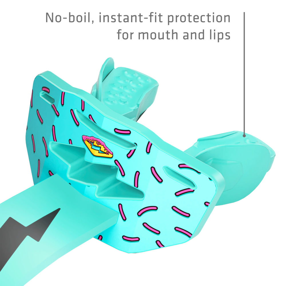 Blue/Pink Sprinkle Drip Thunder Bolt Lip Guard in teal with pink sprinkle print and donut graphic, highlighting no-boil instant-fit protection for the mouth and lips