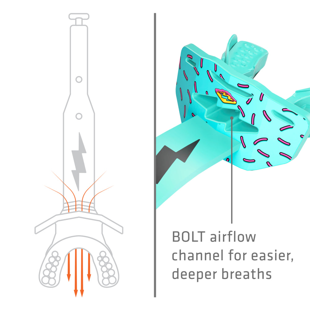 Pink Sprinkle Drip Thunder Bolt Lip Guard's BOLT airflow channel, illustrating the open vent path for easier, deeper breathing