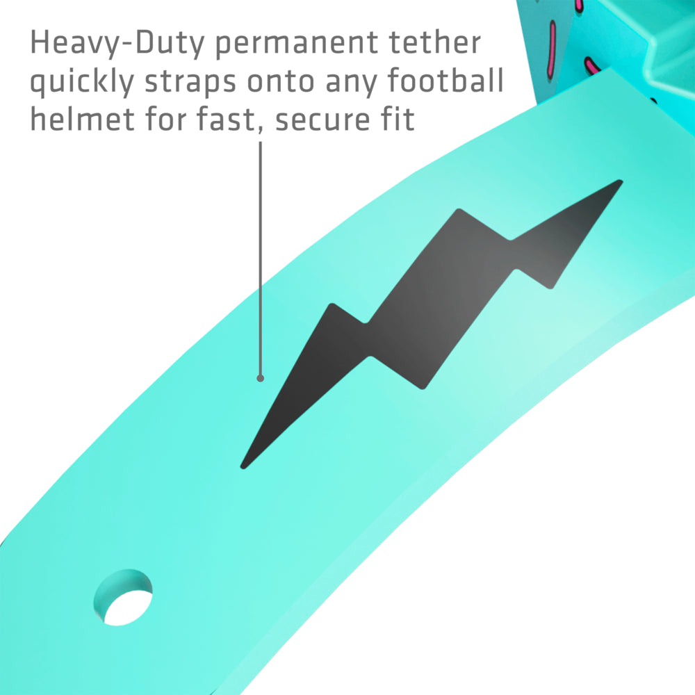 Close-up of the Blue/Pink Sprinkle Drip Thunder Bolt Lip Guard's heavy-duty permanent tether and black lightning bolt graphic on the teal strap that attaches to any football helmet