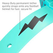 Close-up of the Blue/Pink Sprinkle Drip Thunder Bolt Lip Guard's heavy-duty permanent tether and black lightning bolt graphic on the teal strap that attaches to any football helmet