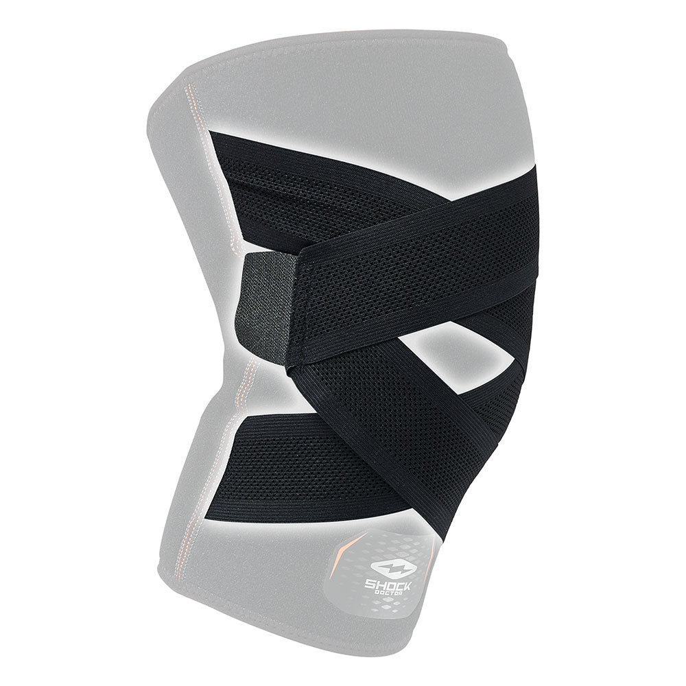 Close-up of the adjustable X-shaped compression straps on the Shock Doctor Cross Compression Knee Sleeve, shown over a faded sleeve outline to highlight strap placement