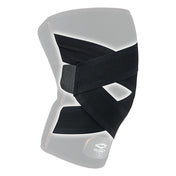 Close-up of the adjustable X-shaped compression straps on the Shock Doctor Cross Compression Knee Sleeve, shown over a faded sleeve outline to highlight strap placement