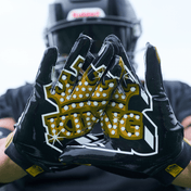 Shock Doctor Black/Gold King Showtime Football Receiver Gloves - Palm View of Both Gloves With Printed Design