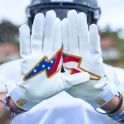 Shock Doctor Stars and Stripes/Gold Showtime Football Receiver Gloves - Lifestyle Shot of Printed Design On Palm