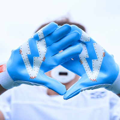 Shock Doctor White/Columbia Blue Stitch Showtime Football Receiver Gloves - Palm View of Both Gloves With Printed Design